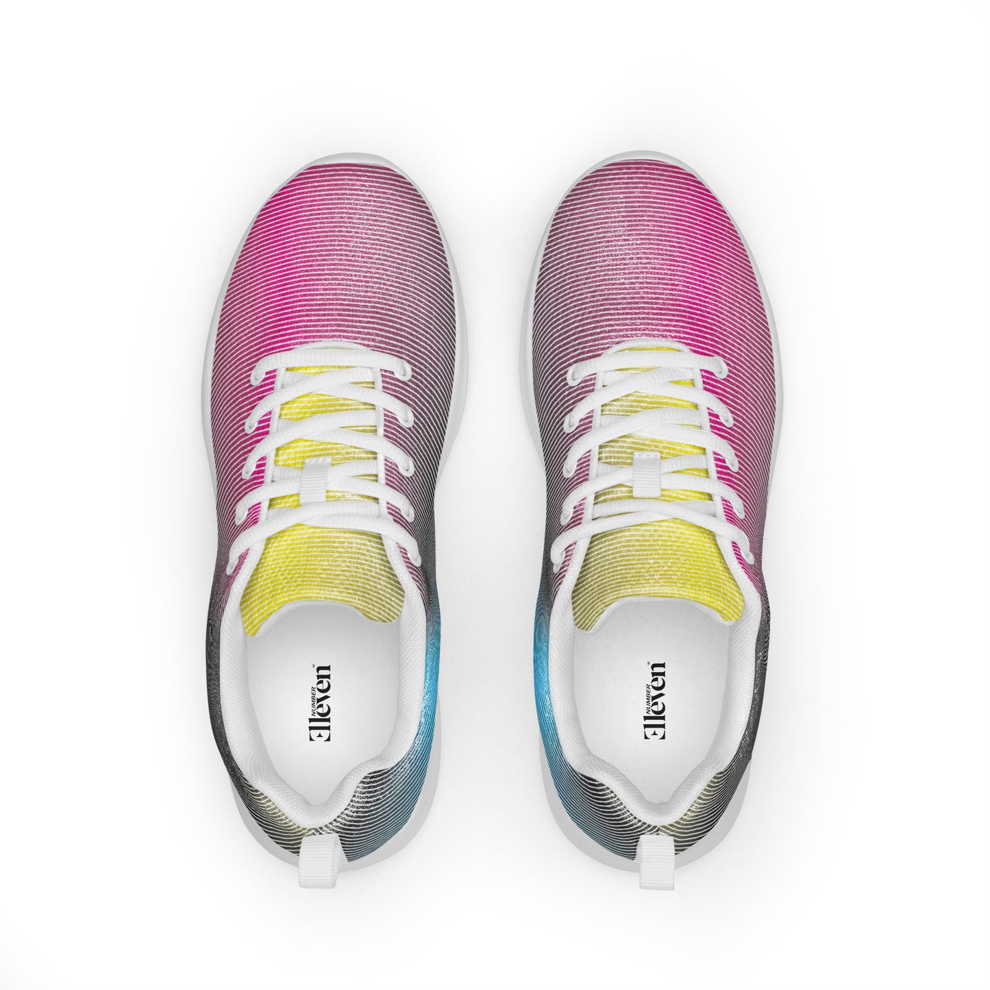 Top view of women’s athletic shoes with fine curved stripe pattern in pink, yellow, black, and blue tones