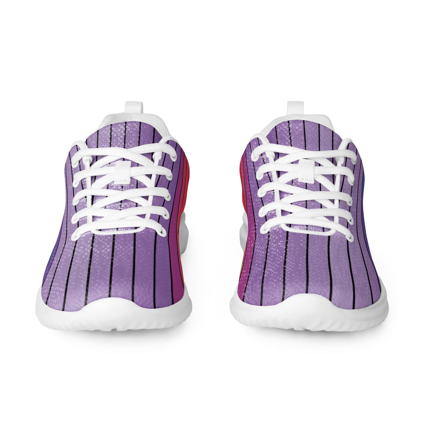 Women’s athletic shoes with lavender upper and fine black stripe pattern, front view, white sole
