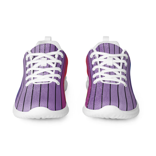 Women’s athletic shoes with lavender upper and fine black stripe pattern, front view, white sole