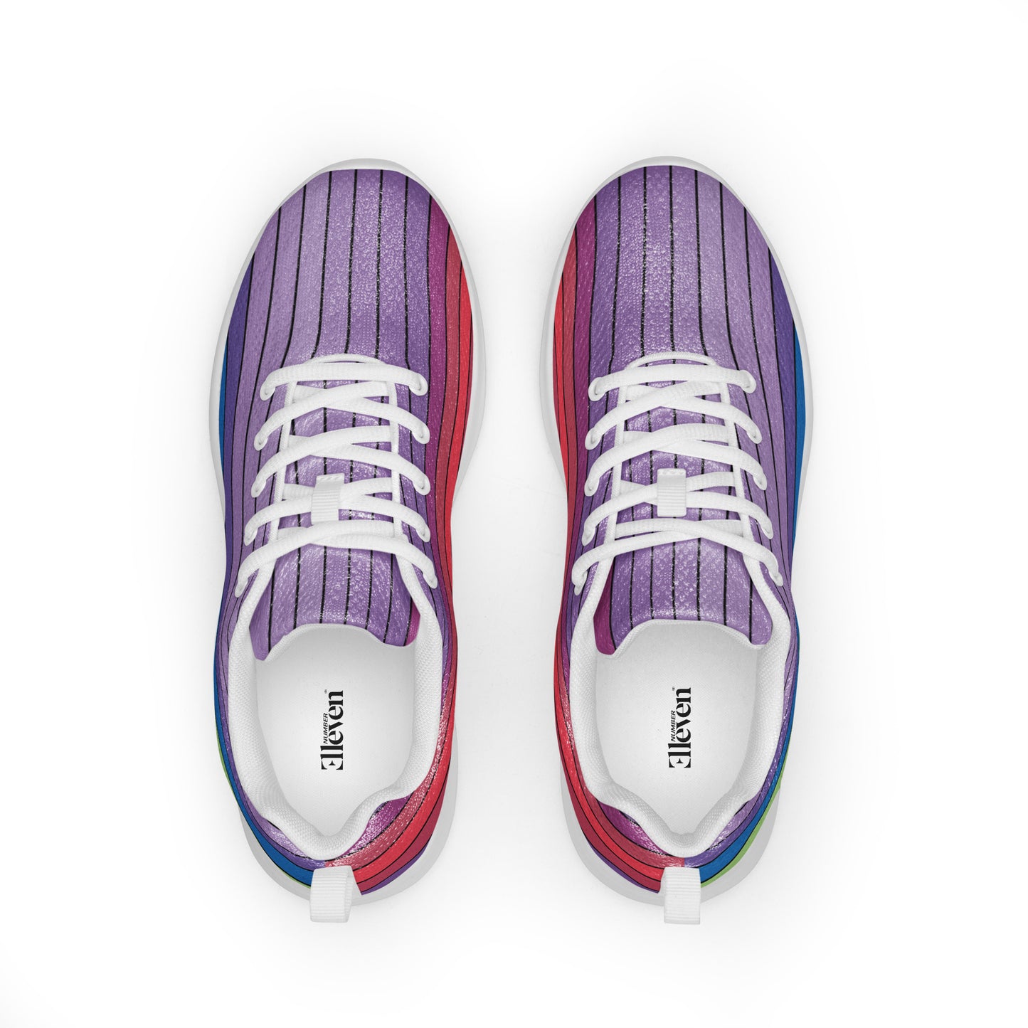 Top view of women’s athletic shoes with lavender striped design and multicolor curved bands around the sides