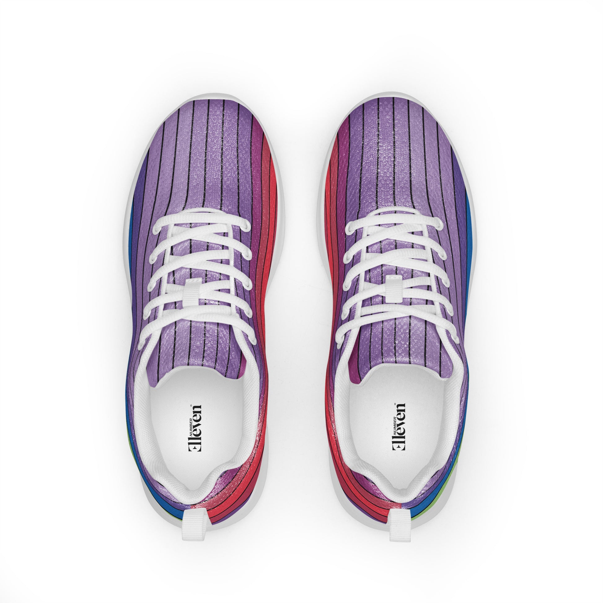 Top view of women’s athletic shoes with lavender striped design and multicolor curved bands around the sides