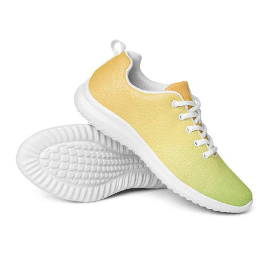 Women’s athletic shoes with soft yellow to light green gradient design, white laces, and white sole side view