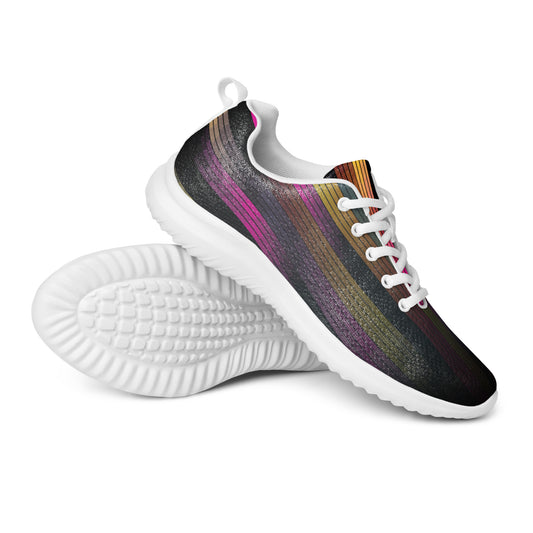 Women’s athletic shoes with black base, narrow multicolor vertical lines, white laces, and white sole
