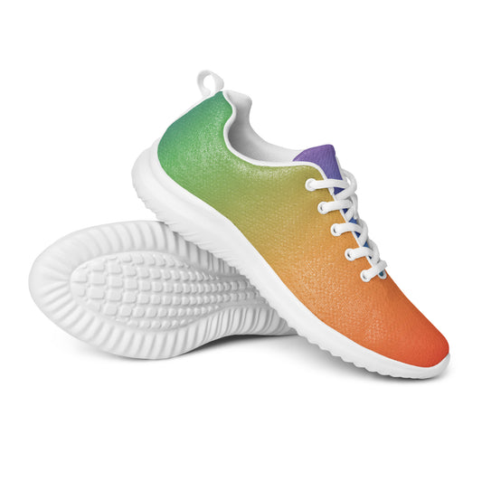 Women’s athletic shoes with soft green, yellow, orange, and purple gradient upper, white laces, and white sole