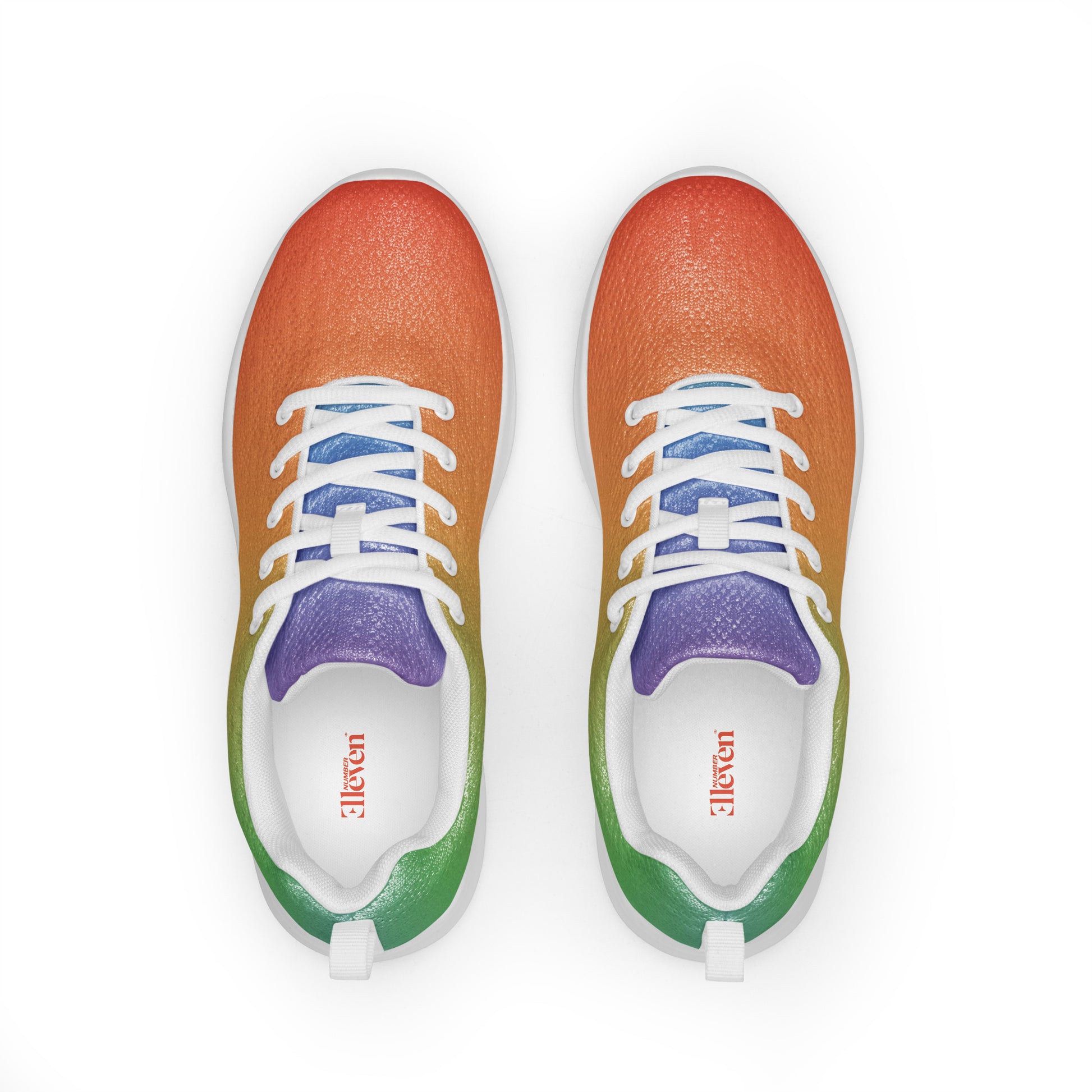 Top view of women’s athletic shoes with pastel gradient upper and white laces