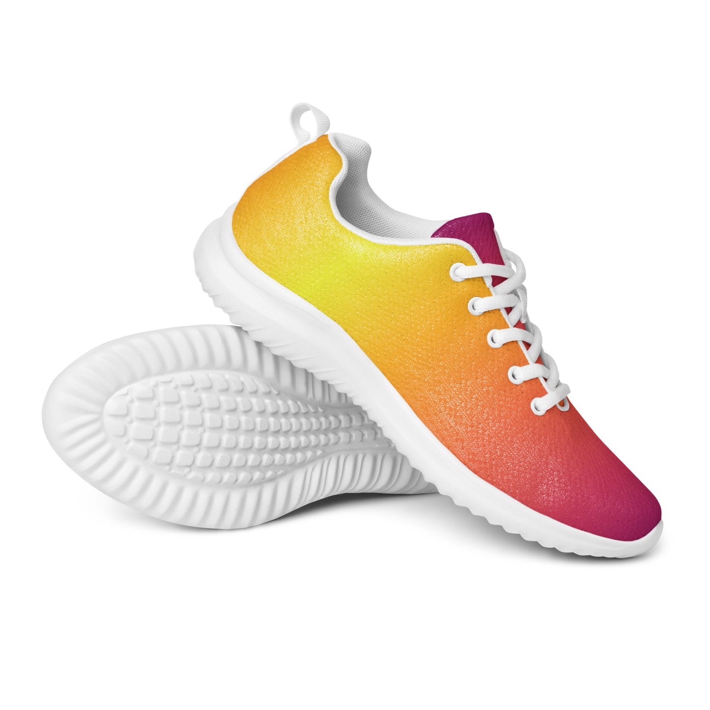 Women’s athletic shoes with warm sunset gradient design, white laces, and white sole, side view
