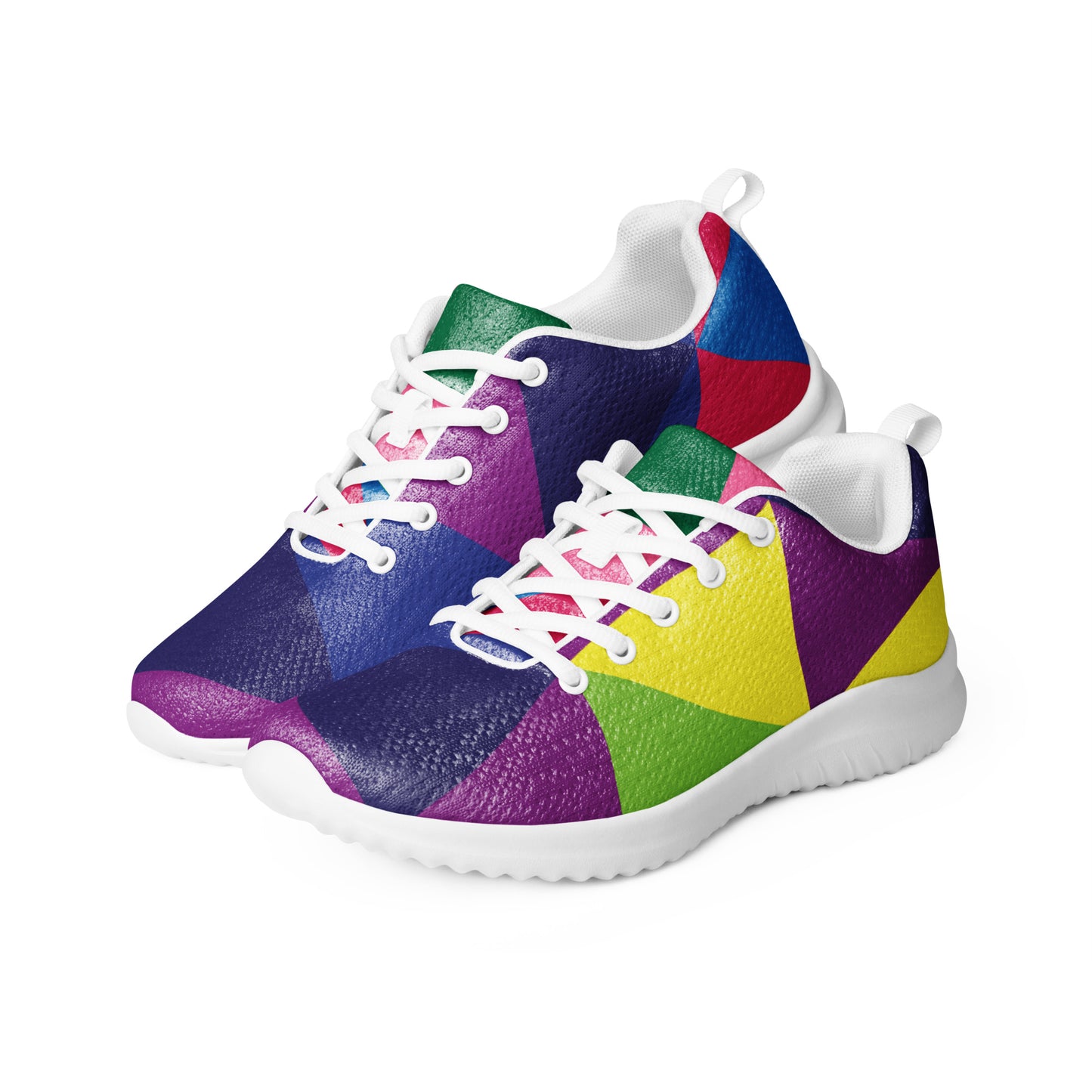 women’s athletic shoes with purple yellow green geometric pattern back side view