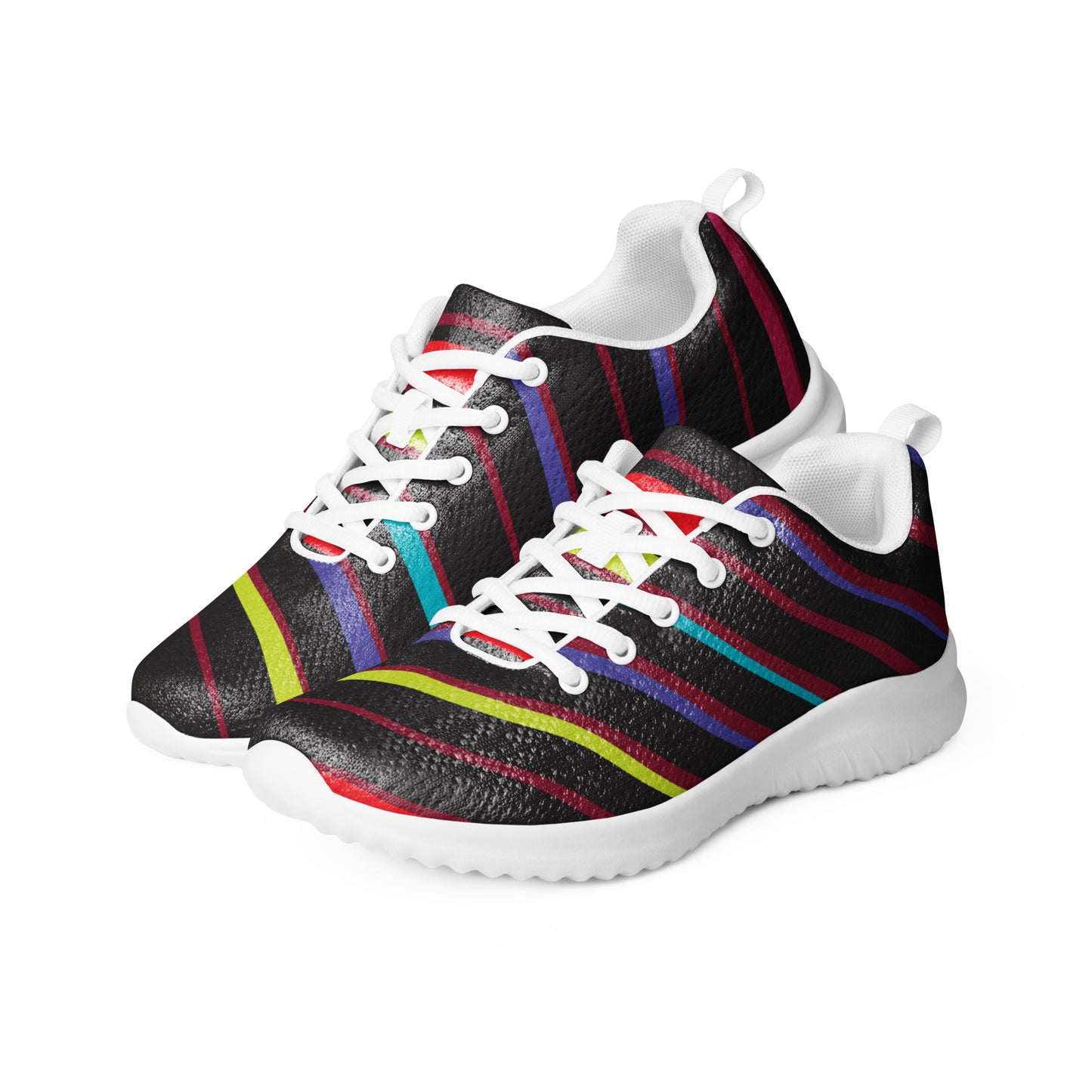 Women’s athletic shoes with white sole and white laces featuring black textured upper with colorful curved stripe accents