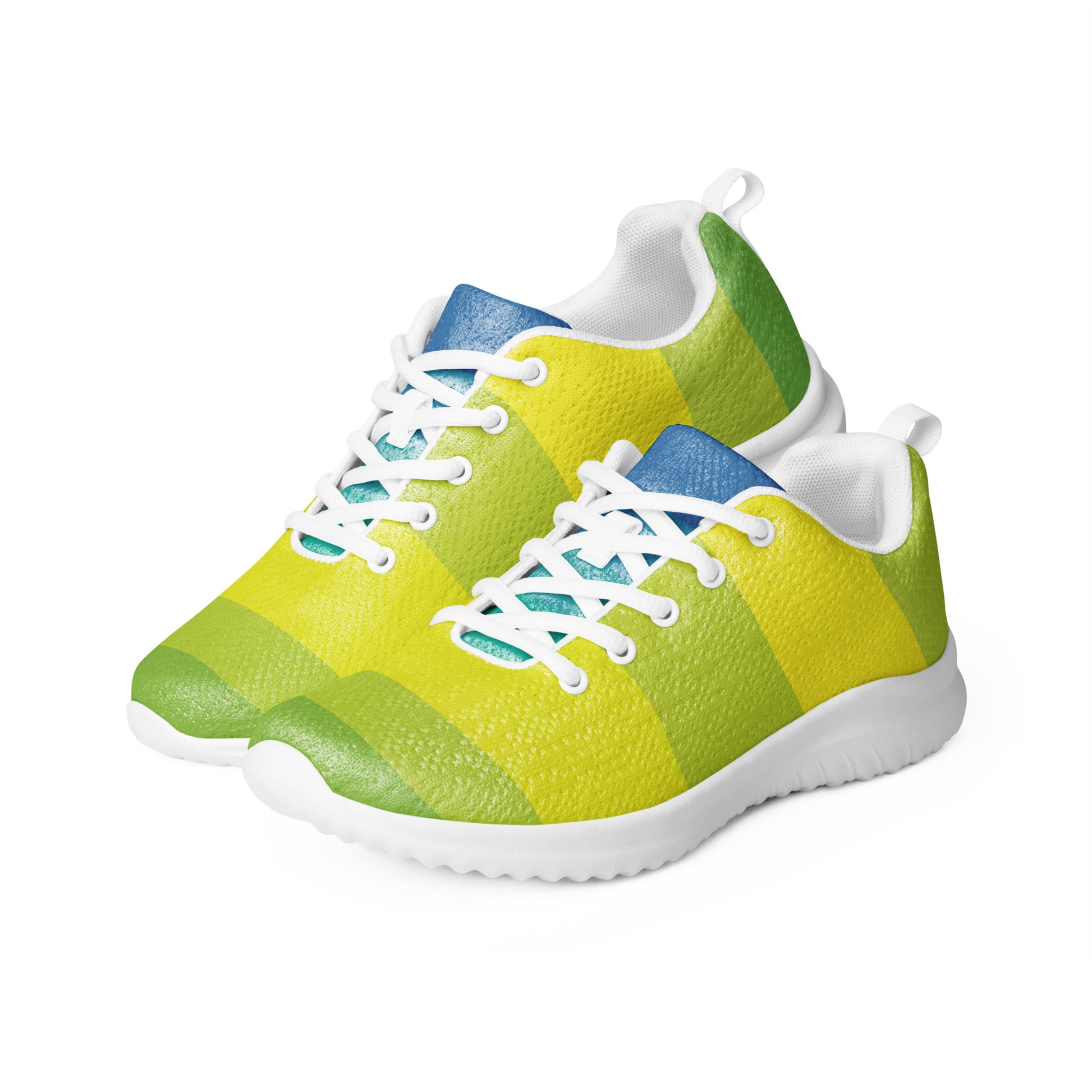 Women’s athletic shoes with white sole in fresh lime green, yellow, and blue sporty stripe design
