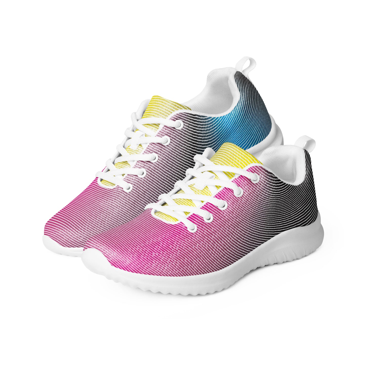 Women’s athletic shoes with fine stripe gradient design in pink, black, yellow, and blue, white sole version