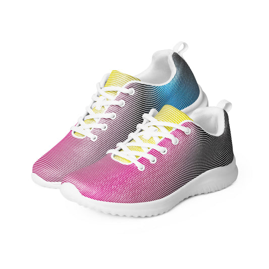 Women’s athletic shoes with fine stripe gradient design in pink, black, yellow, and blue, white sole version