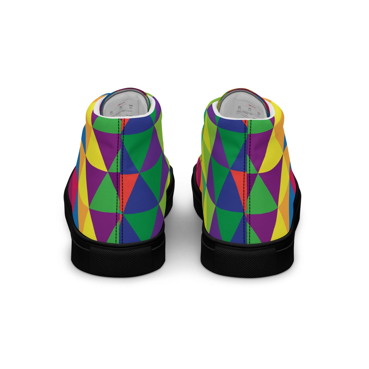 Back view of women’s high-top canvas sneakers with black sole and repeating multicolor triangle pattern