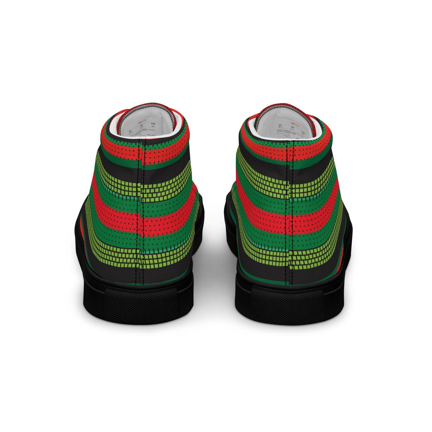 Back view of women’s high-top canvas sneakers in red, green, and black festive stripe pattern