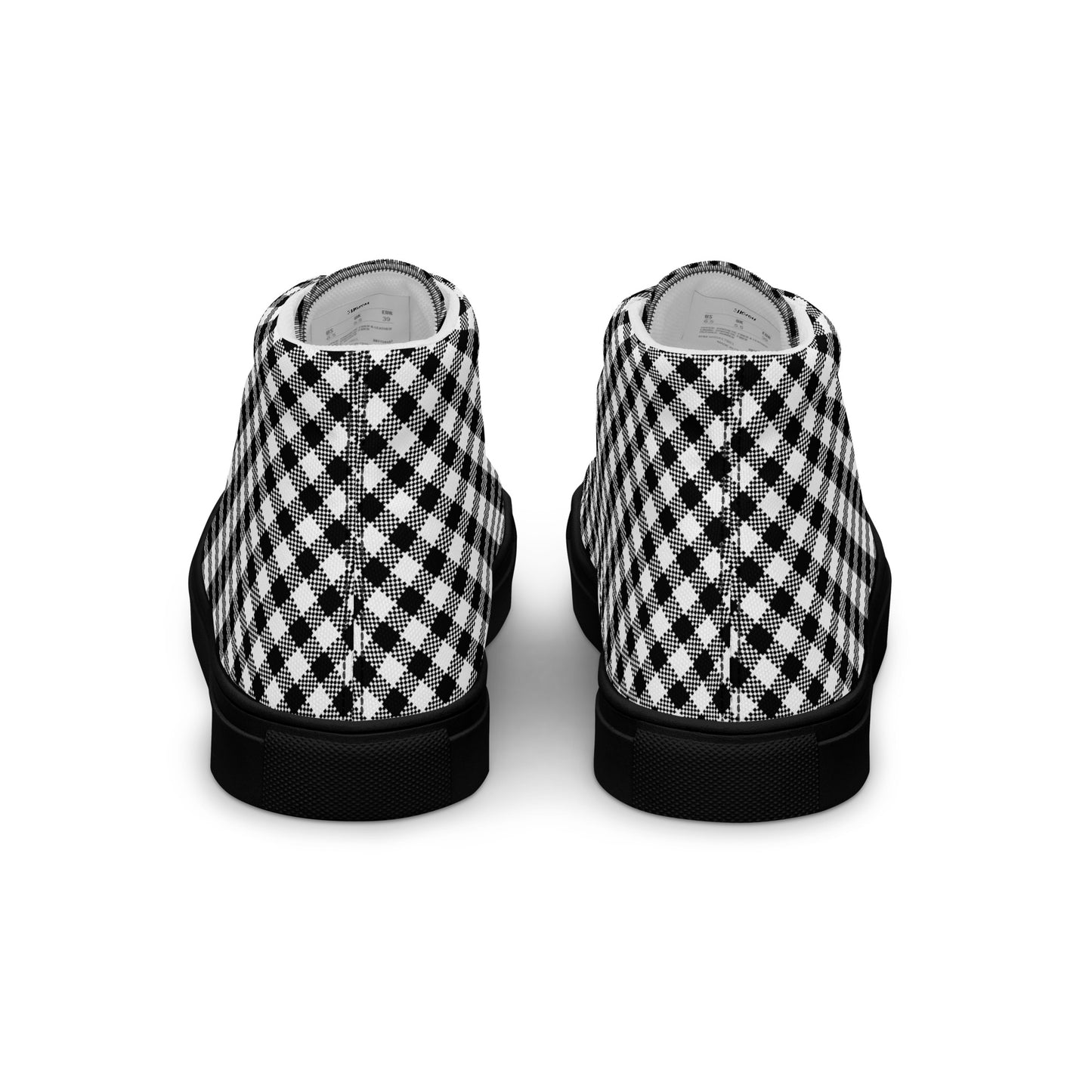 Back view of women’s high-top canvas sneakers with black sole and repeating black-and-white check print