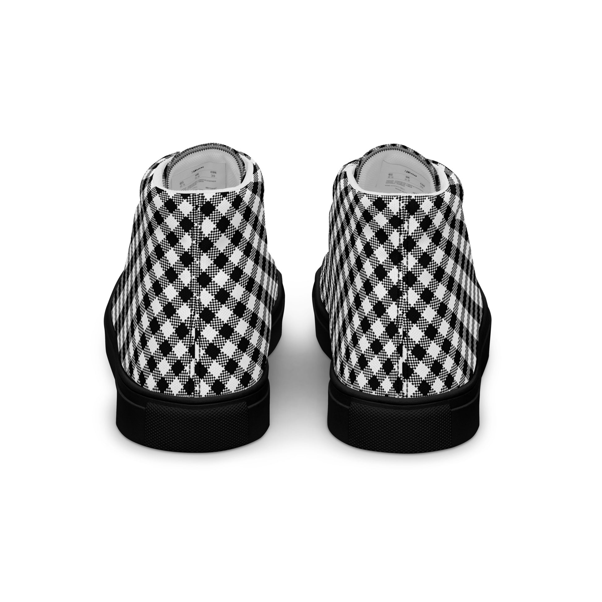 Back view of women’s high-top canvas sneakers with black sole and repeating black-and-white check print