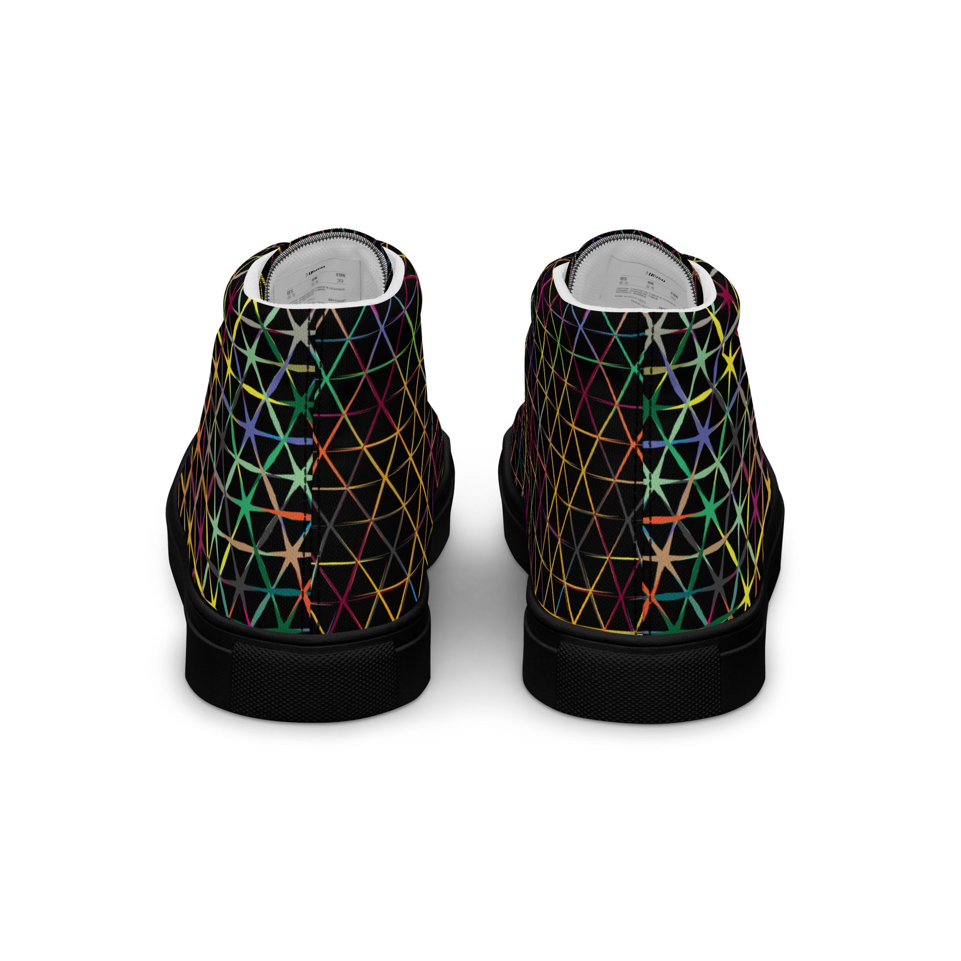 Rear view of women’s high-top canvas sneakers with black sole and multicolor geometric star pattern on dark upper