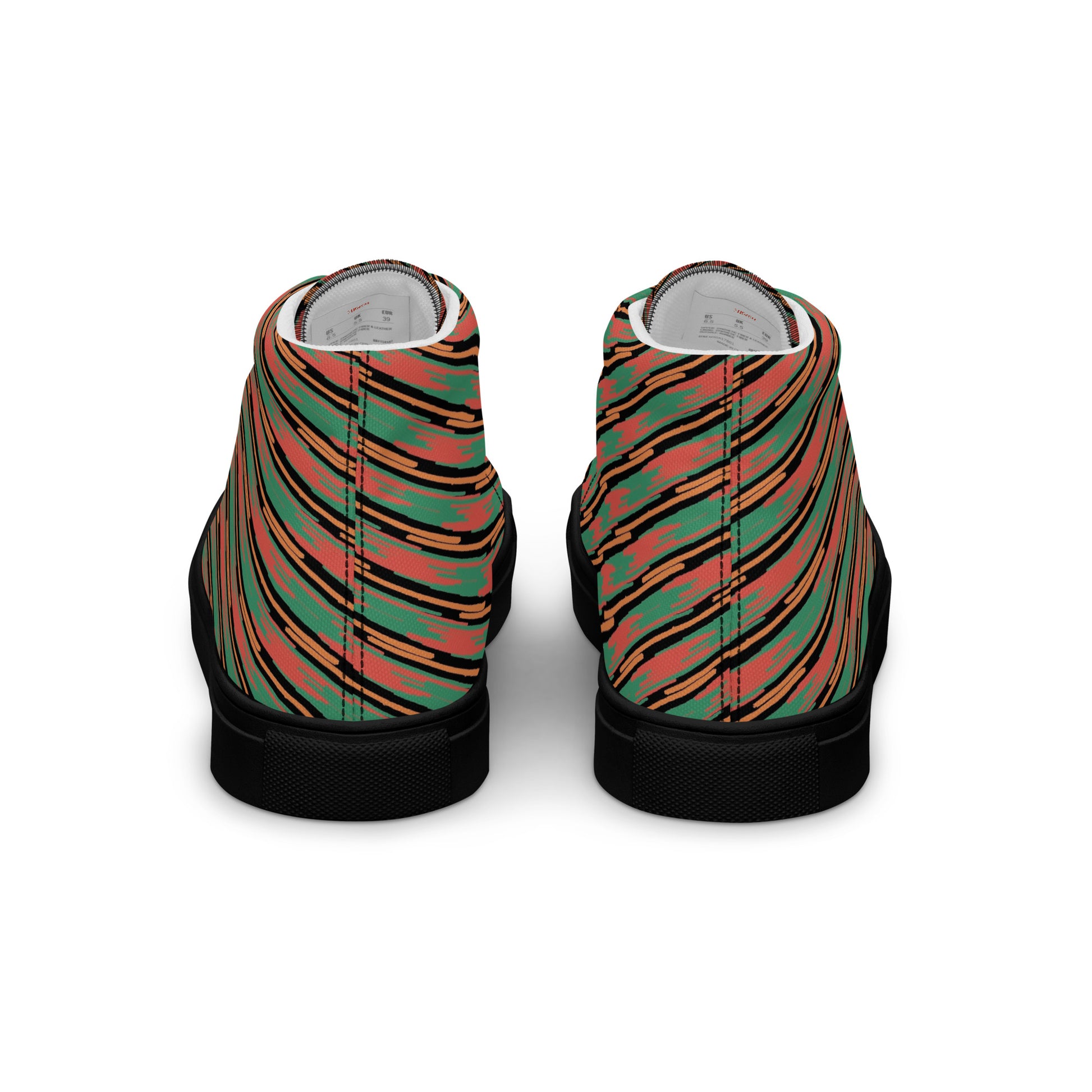 Back view of women’s high-top canvas sneakers with coral, teal, and black striped design and black sole