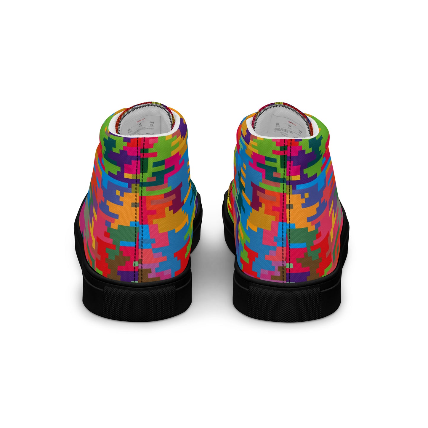 Back view of women's multicolor pixel mosaic high-top sneakers with black soles