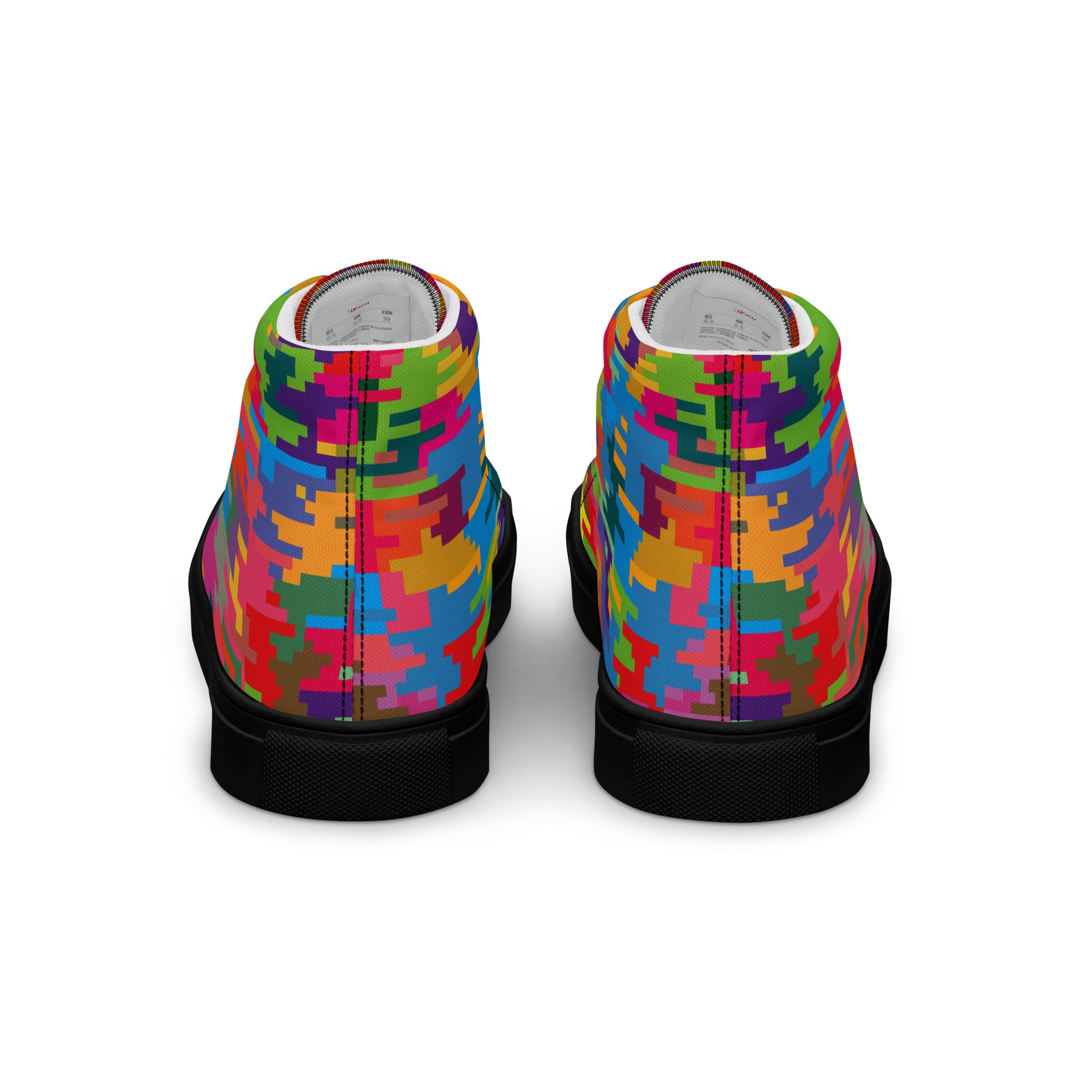 Back view of women's multicolor pixel mosaic high-top sneakers with black soles