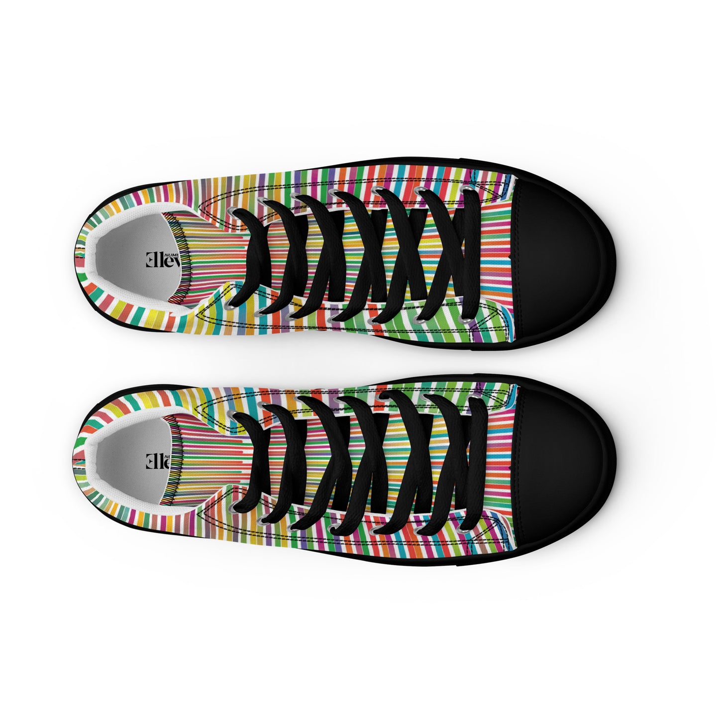 Top view of women’s high-top canvas sneakers with black laces and fine rainbow stripe design