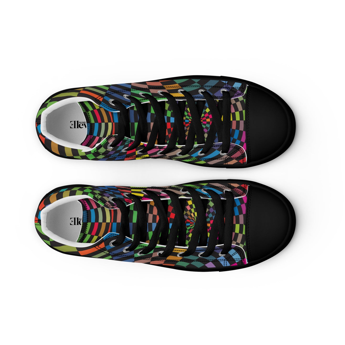 Top view of women’s athletic shoes with chromatic tile pattern in red, green, blue, and orange tones