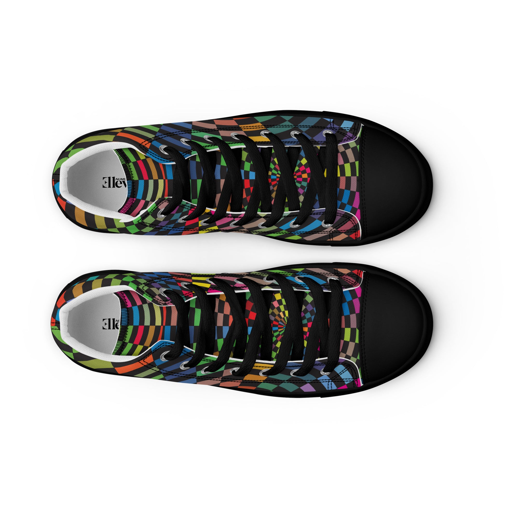 Top view of women’s athletic shoes with chromatic tile pattern in red, green, blue, and orange tones