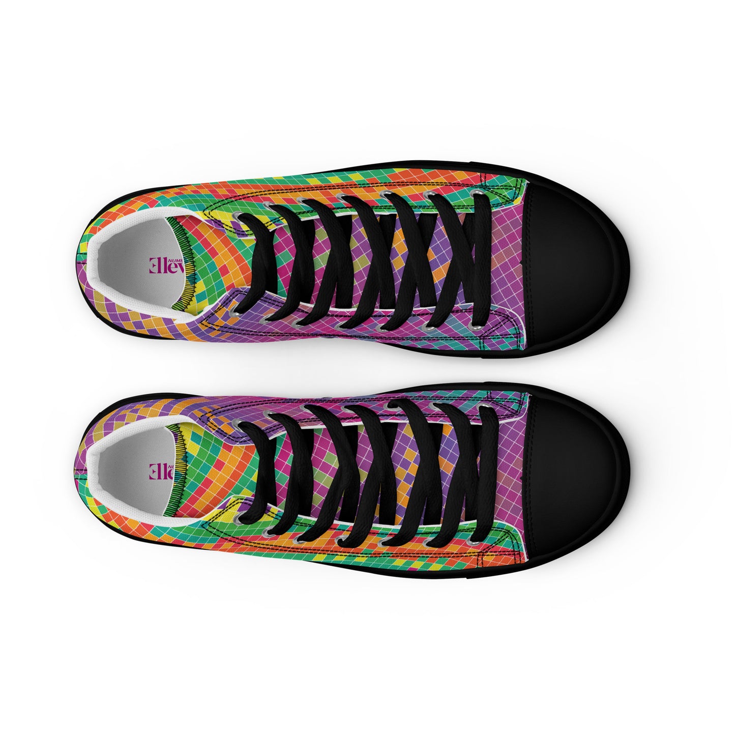 Top view of women’s high-top sneakers with multicolor grid wave design, black laces, and black toe cap