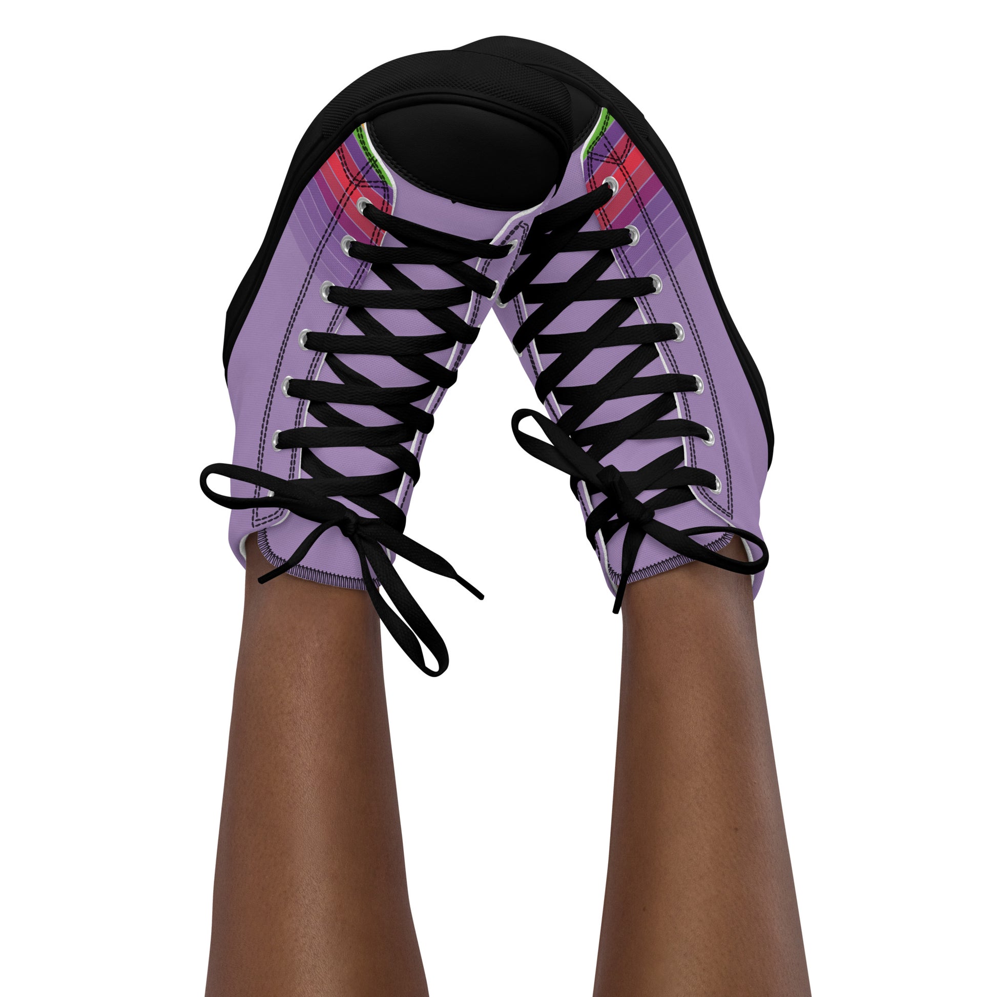 lavender women’s high-top sneakers with black sole and layered pink purple green and yellow stripe details