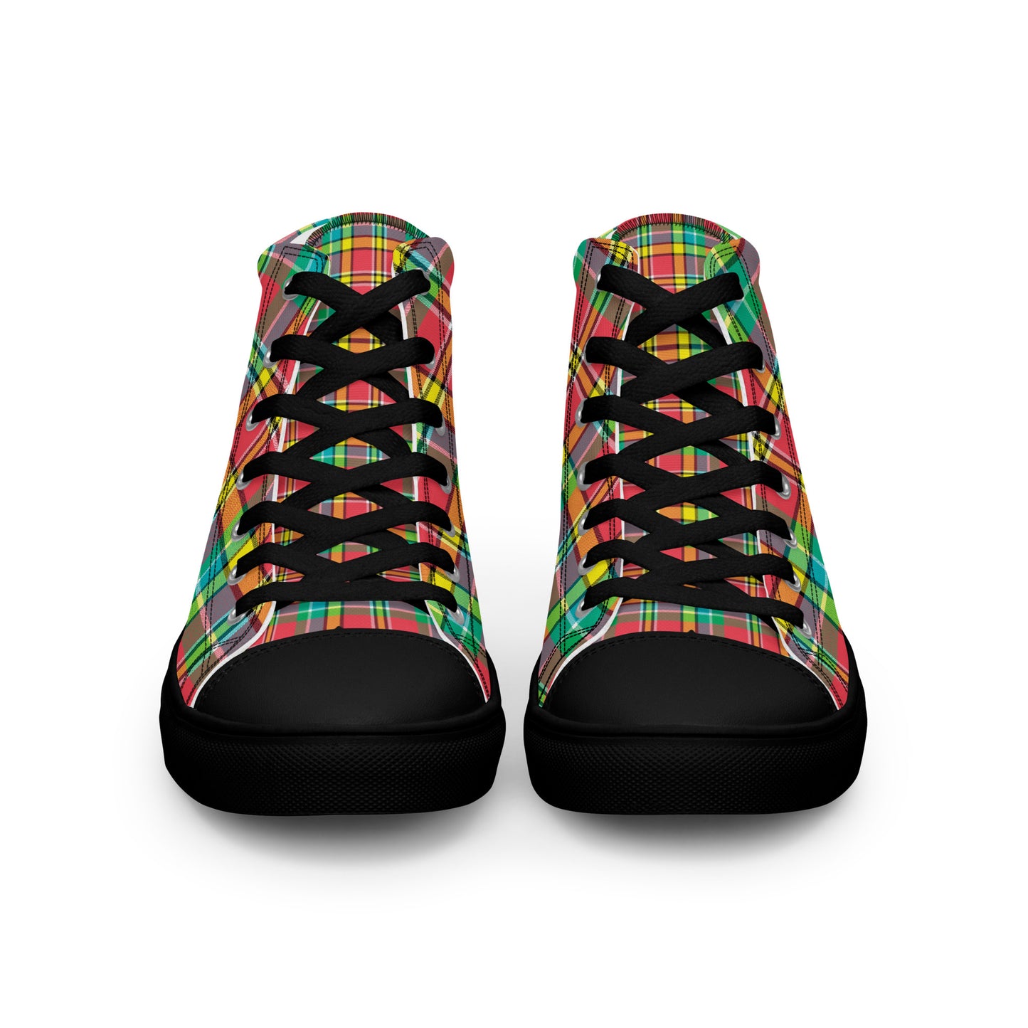 close-up of women’s high-top sneakers with multicolor plaid textile pattern and black rubber toe cap