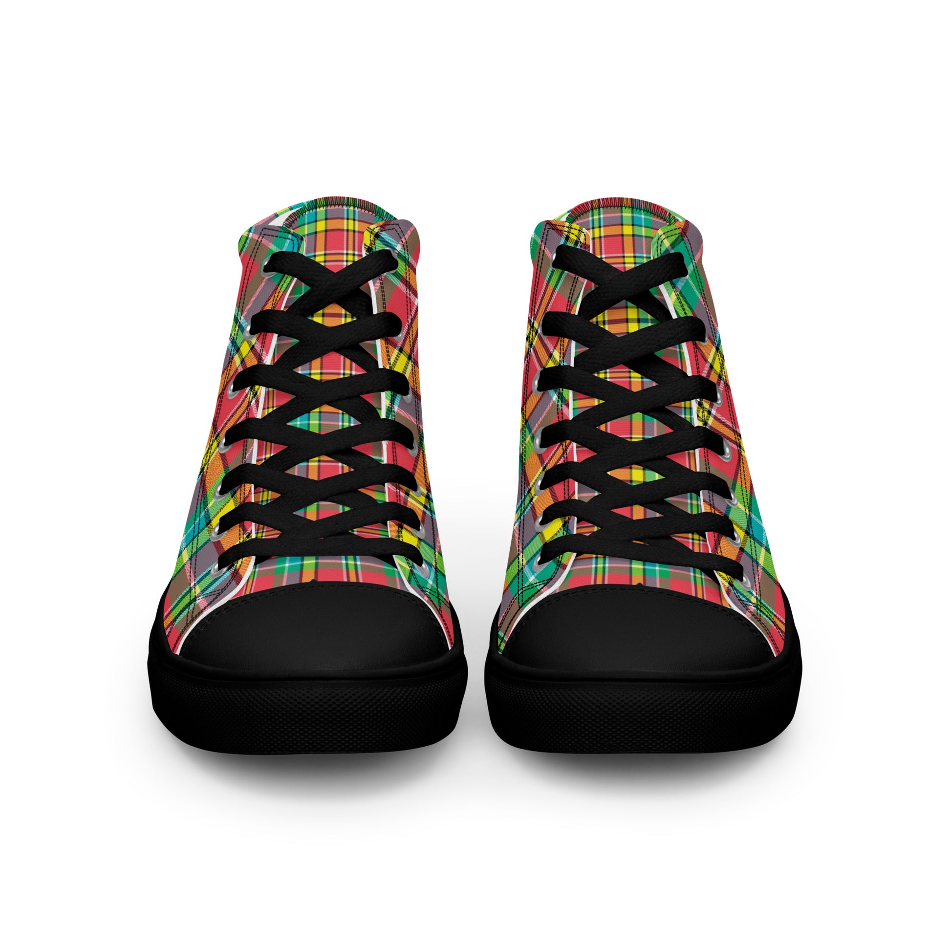 close-up of women’s high-top sneakers with multicolor plaid textile pattern and black rubber toe cap