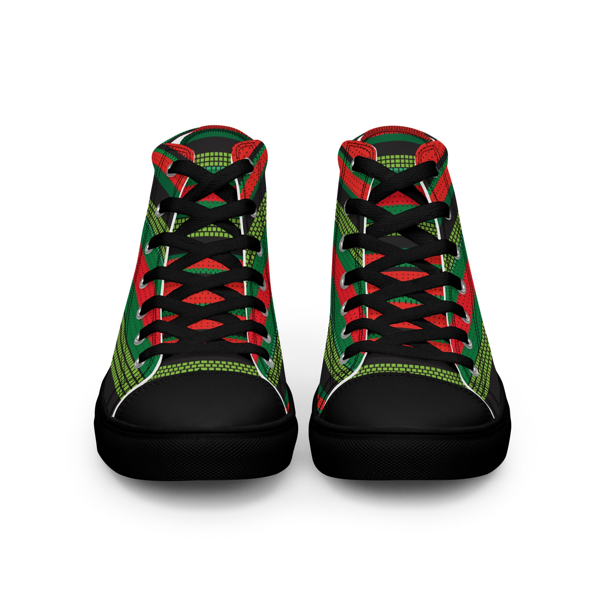 Front view of women’s high-top canvas sneakers with black sole and red green black geometric stripe design