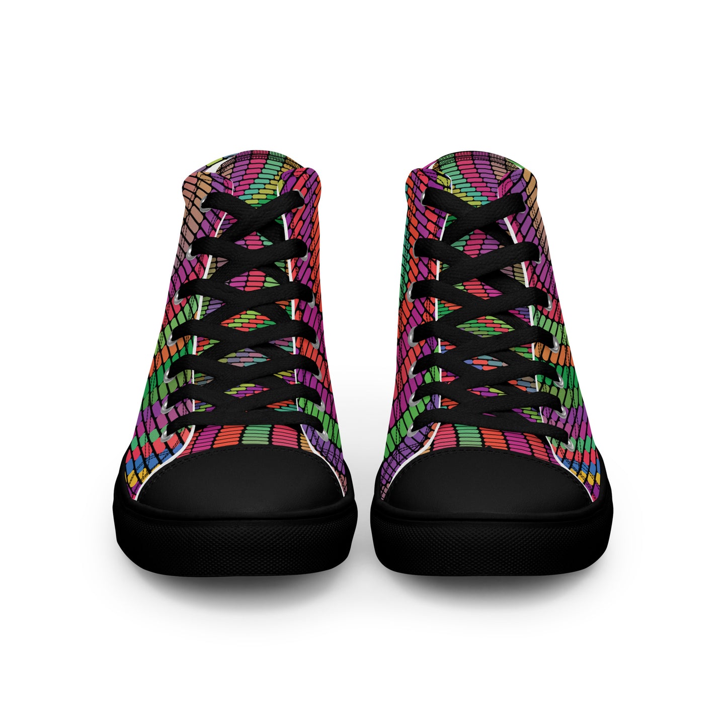 Front view of women’s high-top sneakers with black sole, black laces, and colorful urban mosaic pattern