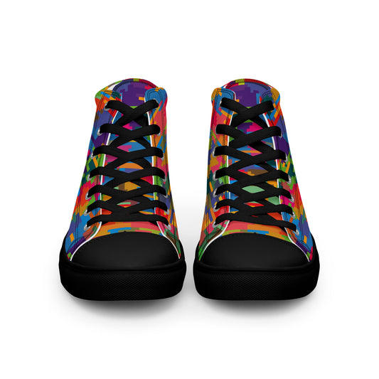 Front view of women's multicolor pixel mosaic high-top sneakers with black laces and black soles
