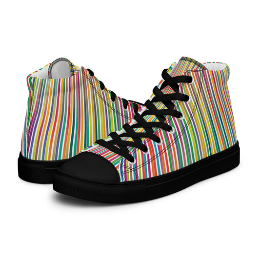 Women’s high-top canvas sneakers with black sole and black toe cap in a multicolor thin stripe design, angled pair view