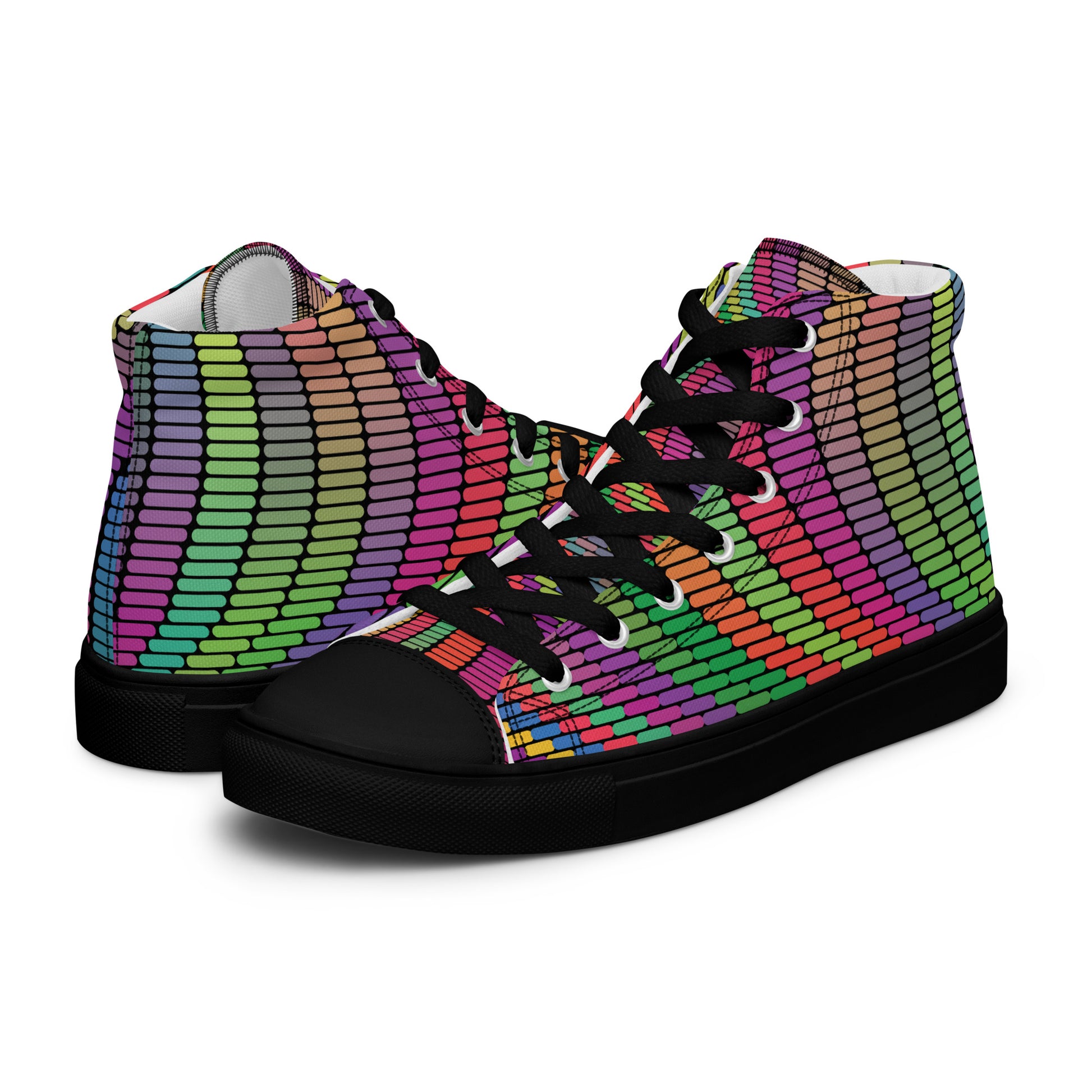 Women’s high-top canvas sneakers with black sole and colorful neon mosaic pattern on dark base