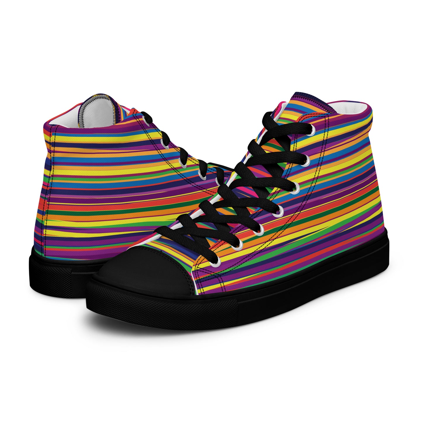 Women’s high-top canvas sneakers with colorful rainbow stripe pattern, black laces, and black solect mockup