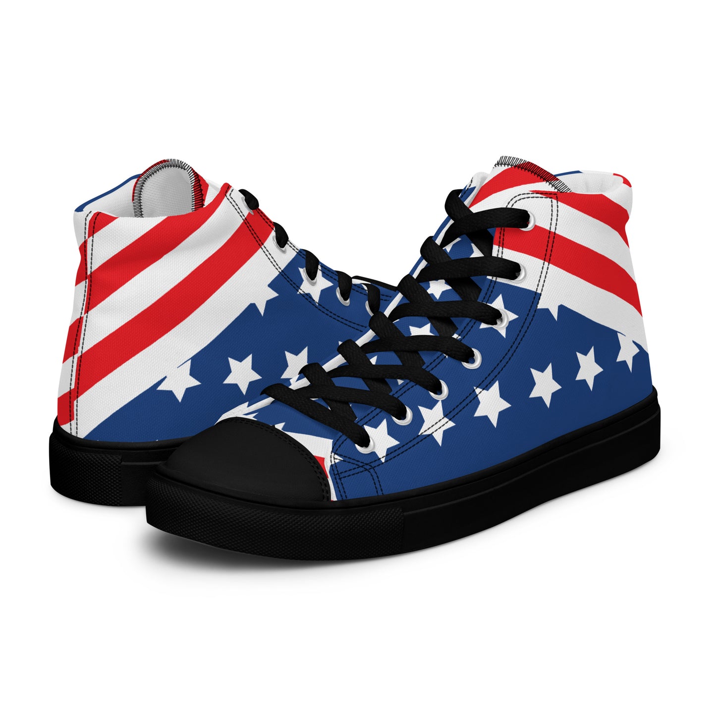 Side angled view of American stars and stripes women's high-top sneakers with red white blue design and black sole