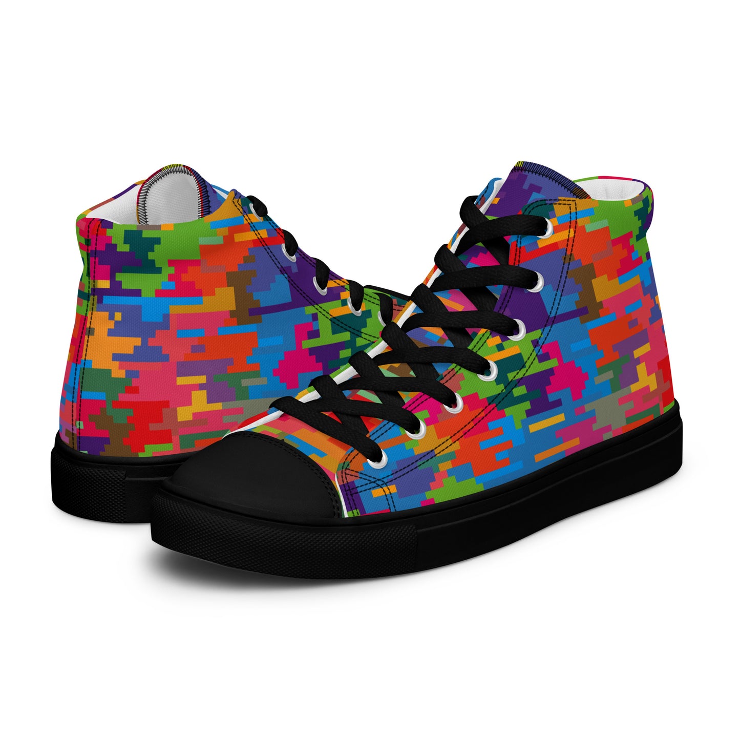 Angled view of women's multicolor pixel mosaic high-top sneakers with black toe caps laces and soles