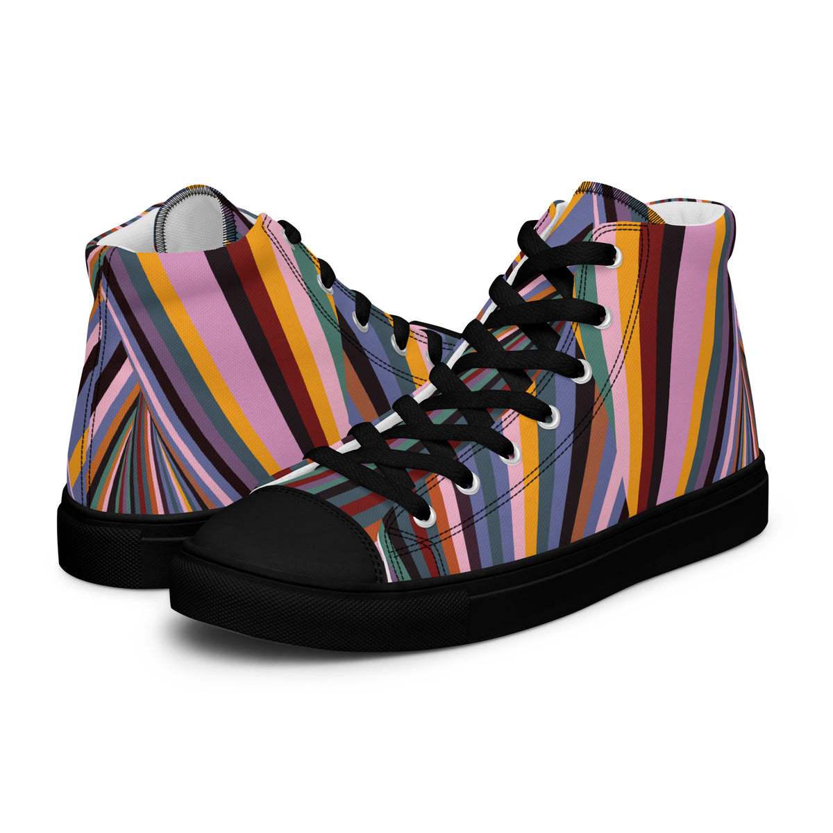 Dynamic Radiating Stripe women's high-top sneakers with black soles and laces, showing diagonal stripes at the front and radiating lines at the heel.