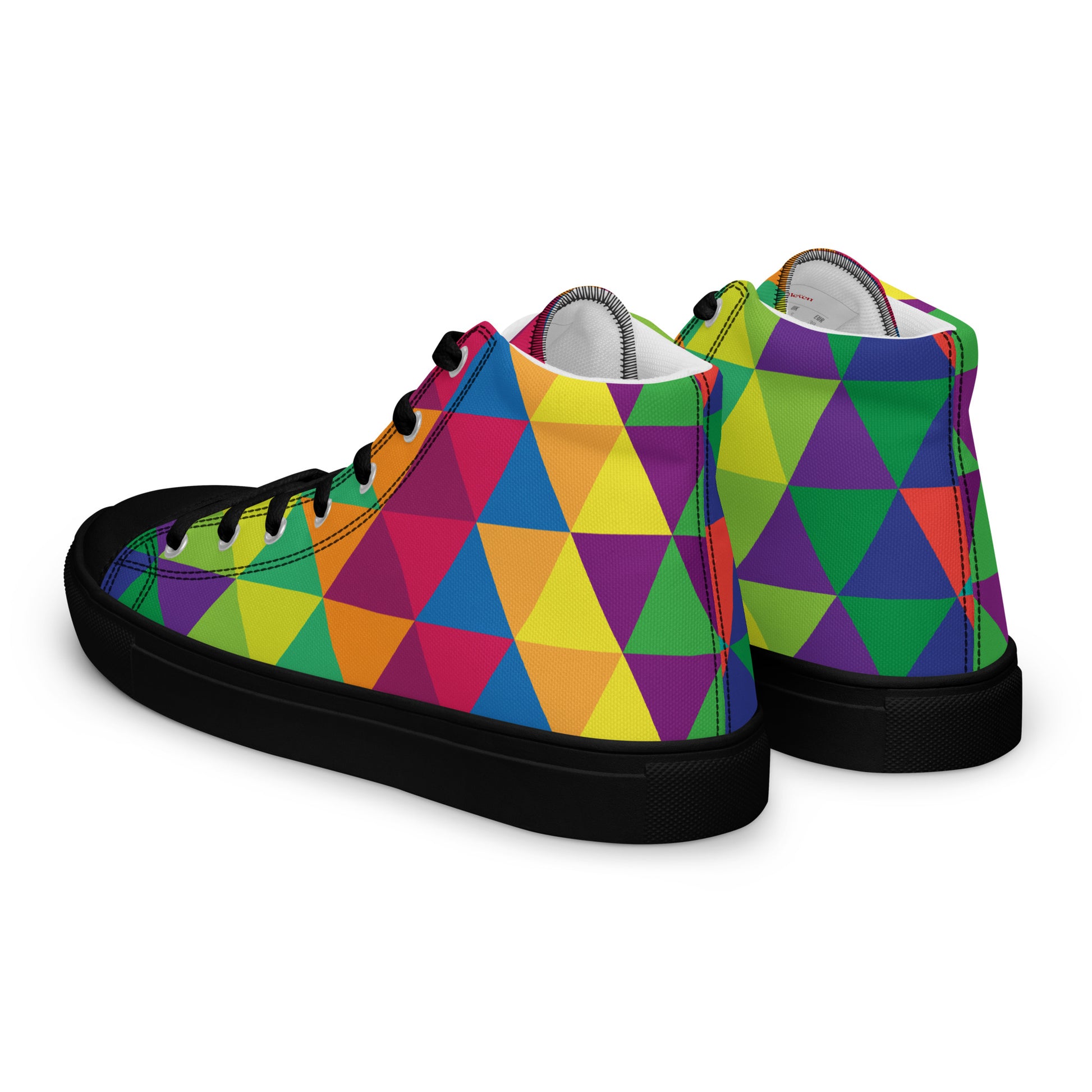 Side and back view of women’s high-top canvas sneakers with black sole and multicolor triangle design
