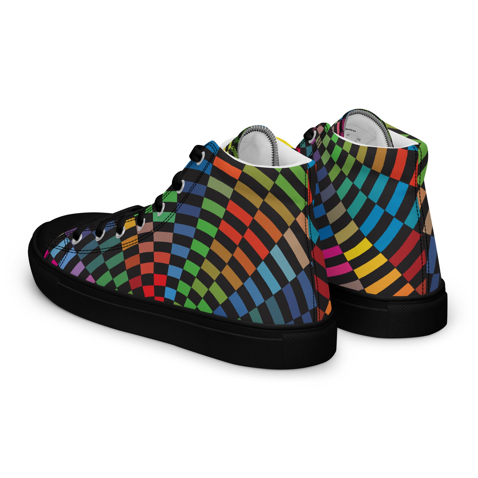 Women’s athletic shoes with colorful geometric tile design and black sole, back and side view