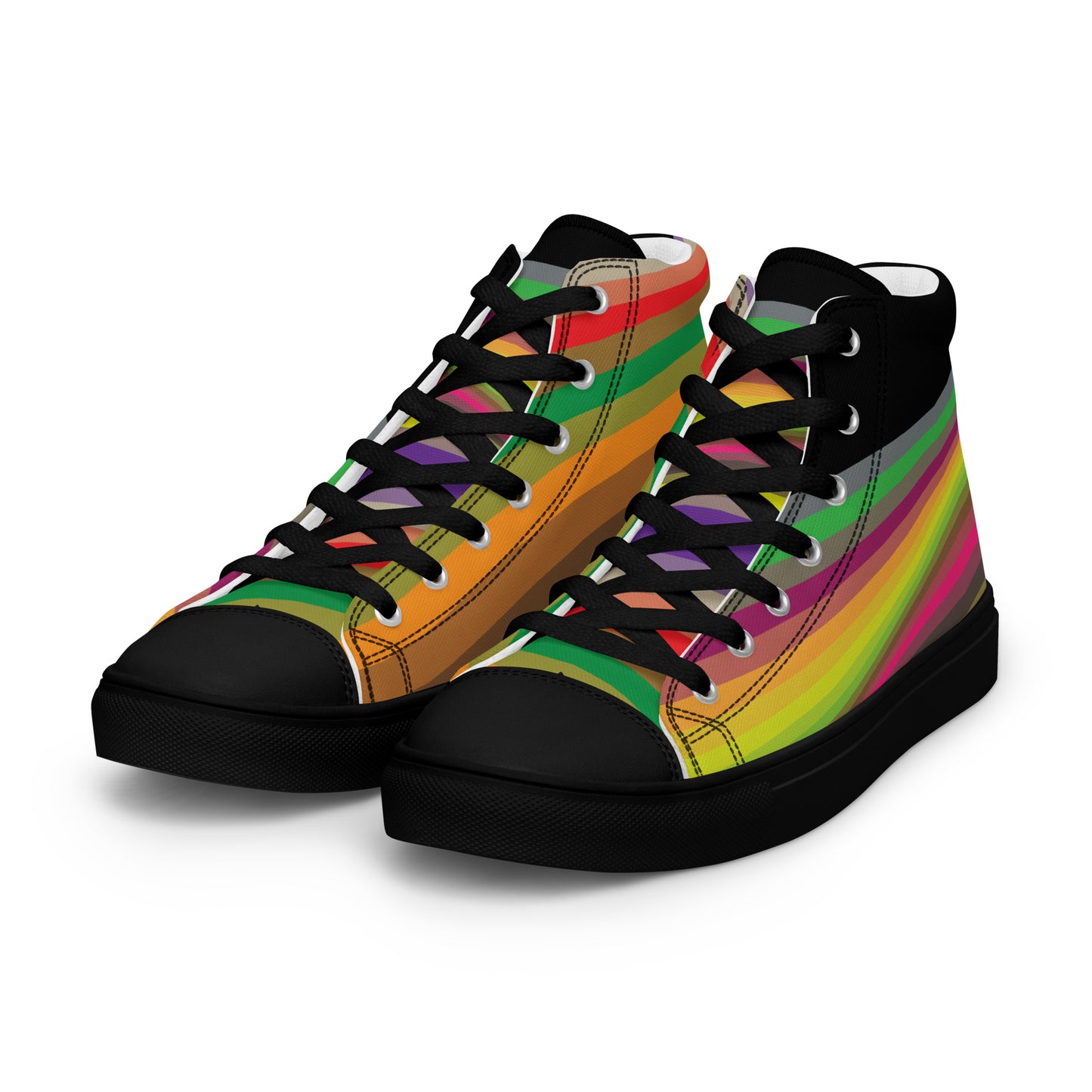 women’s high-top canvas sneakers with black upper and multicolor wave stripe design, black sole pair angled front view