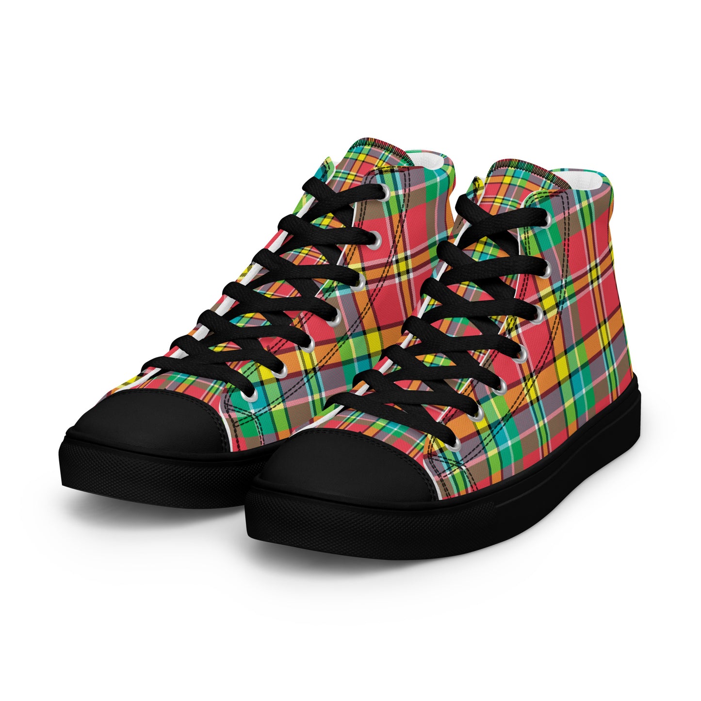 women’s high-top canvas sneakers with colorful coral plaid pattern and black sole side view