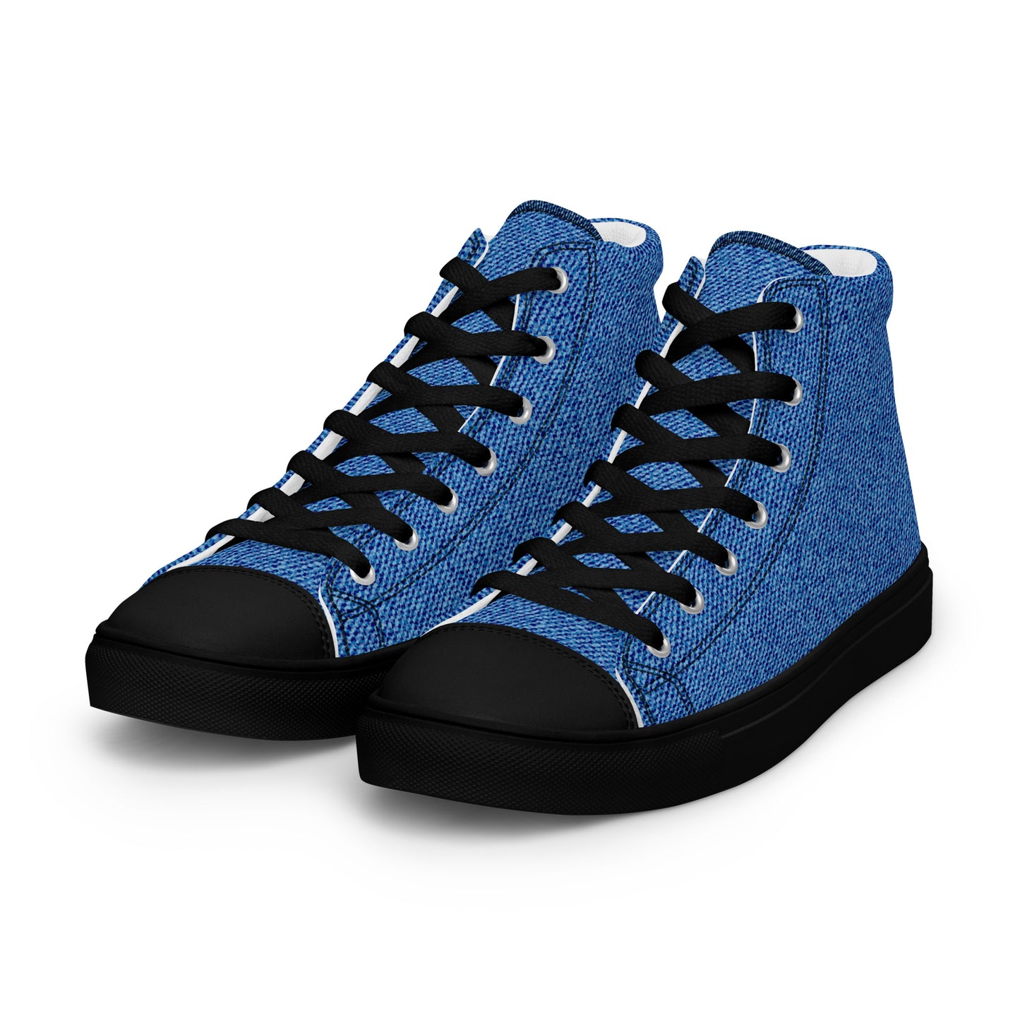 Women’s high-top sneakers with blue denim texture design, black laces, black toe cap, and black sole