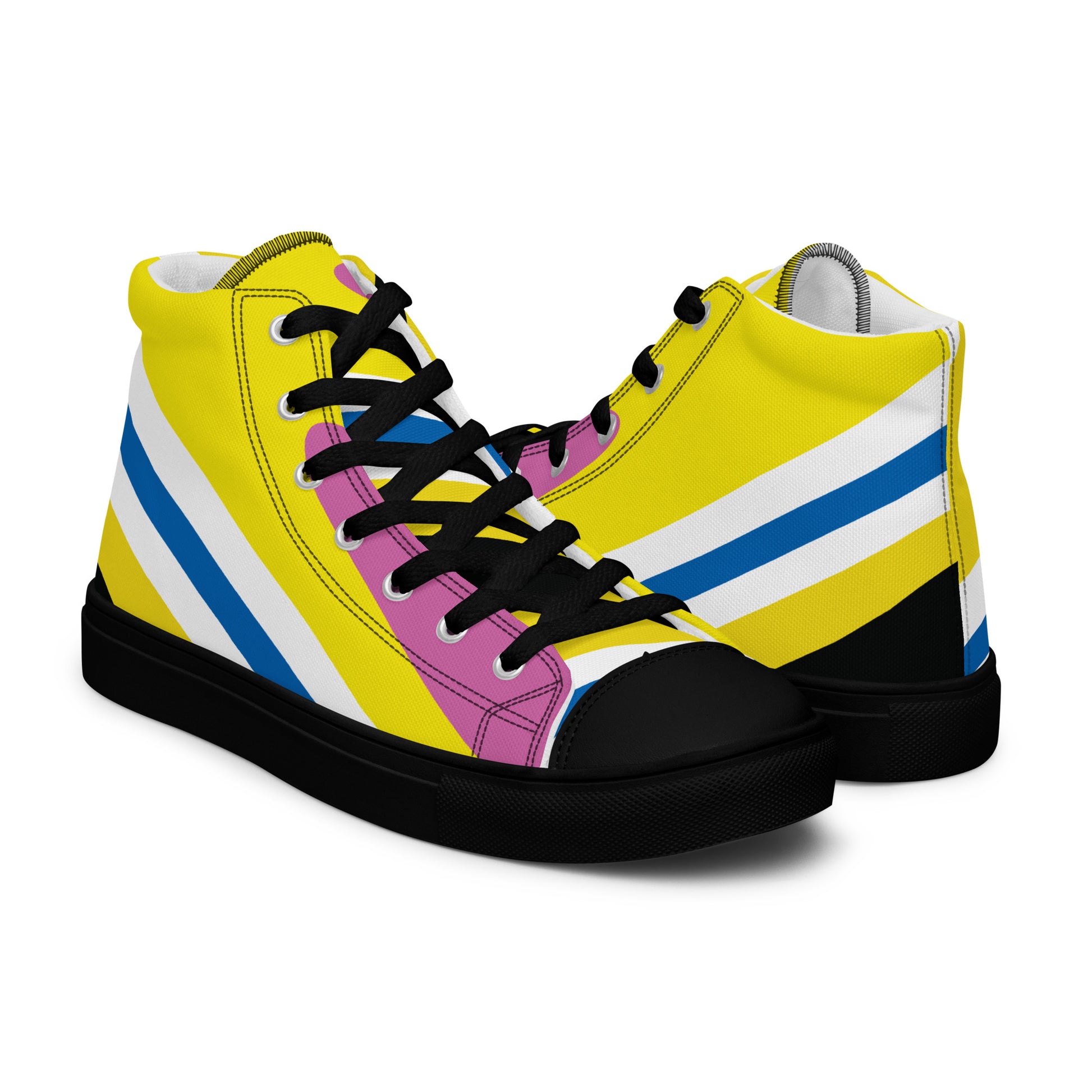 yellow women's high-top sneakers diagonal stripe pop art design