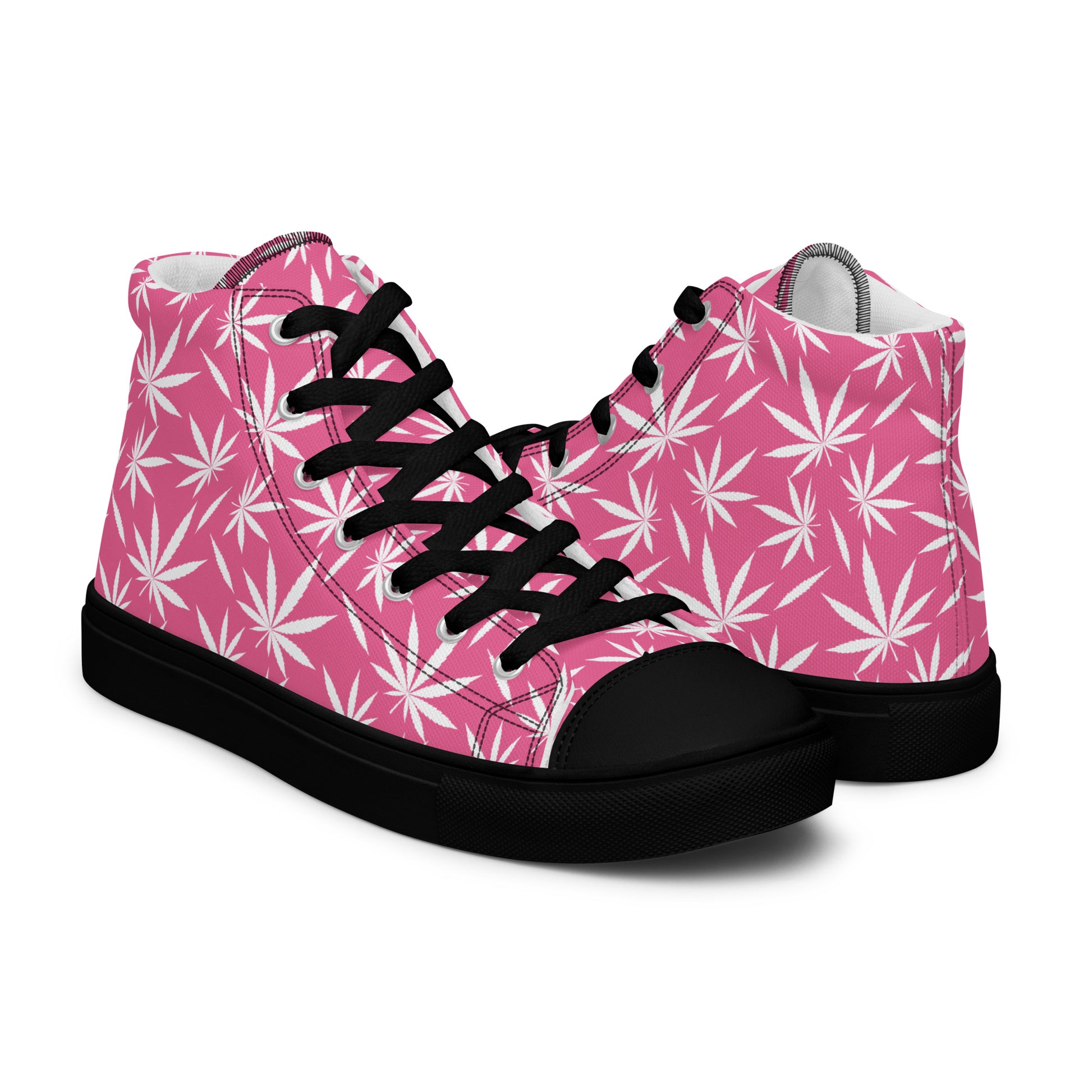 Women's pink cannabis leaf high-top sneakers with black sole and black laces