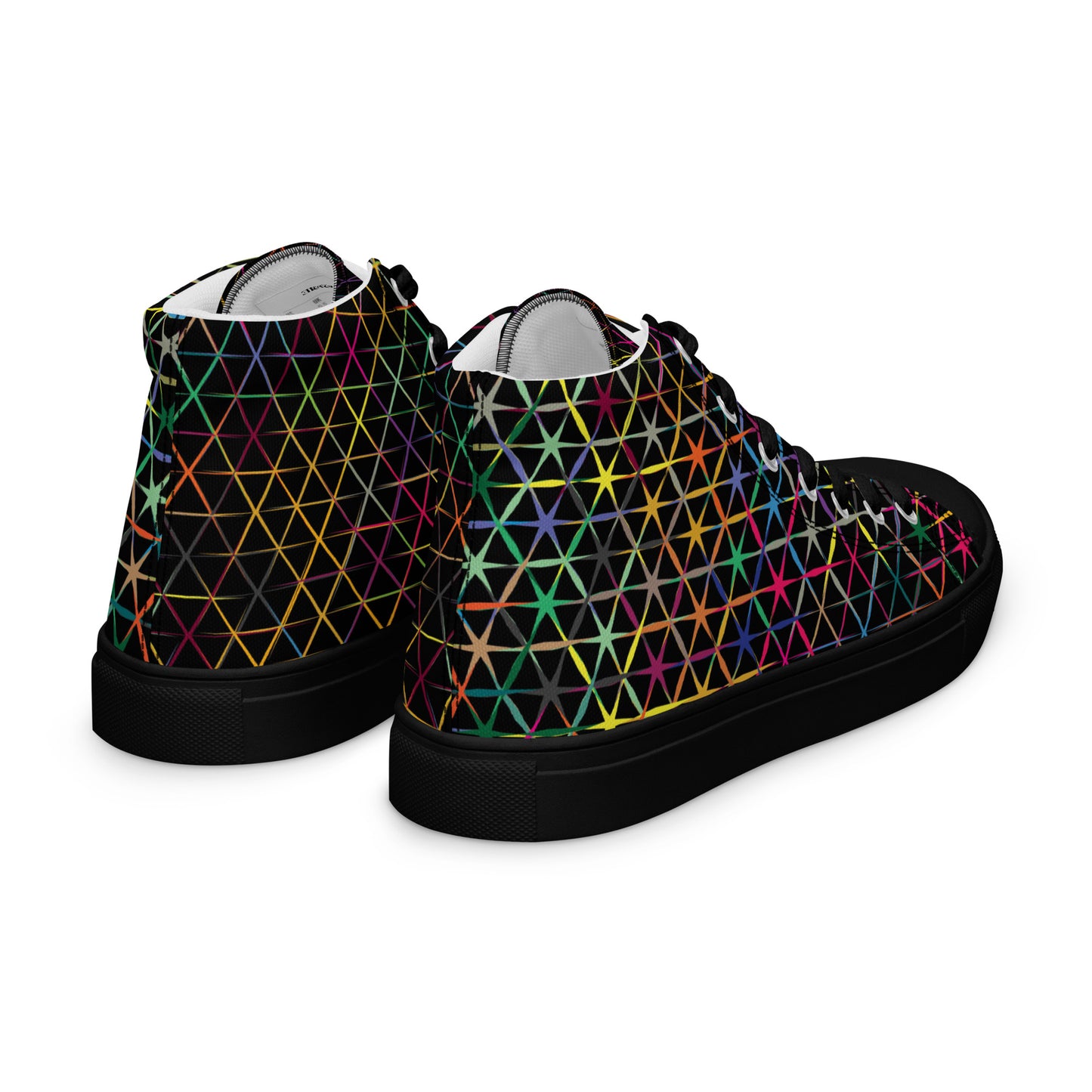 Women’s high-top canvas sneakers with colorful star grid pattern on black background, black laces, and black sole rear side view