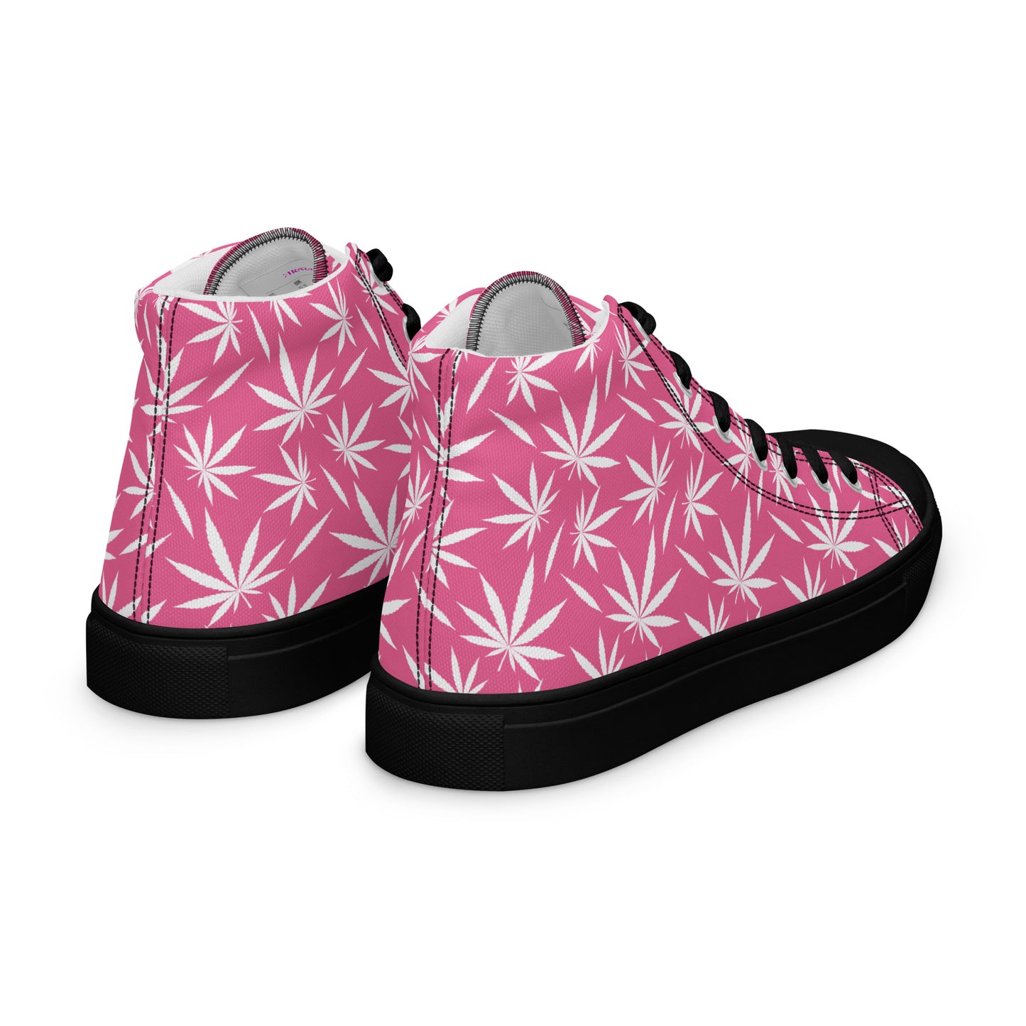 Rear side view of women's pink cannabis leaf high-top sneakers with black sole