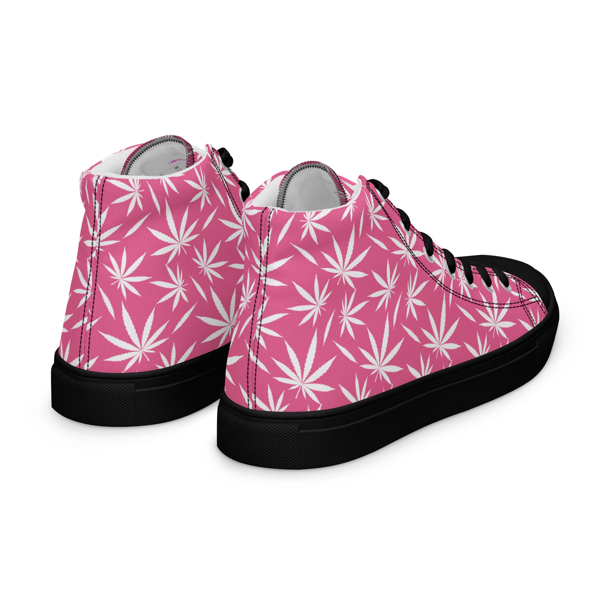 Rear side view of women's pink cannabis leaf high-top sneakers with black sole