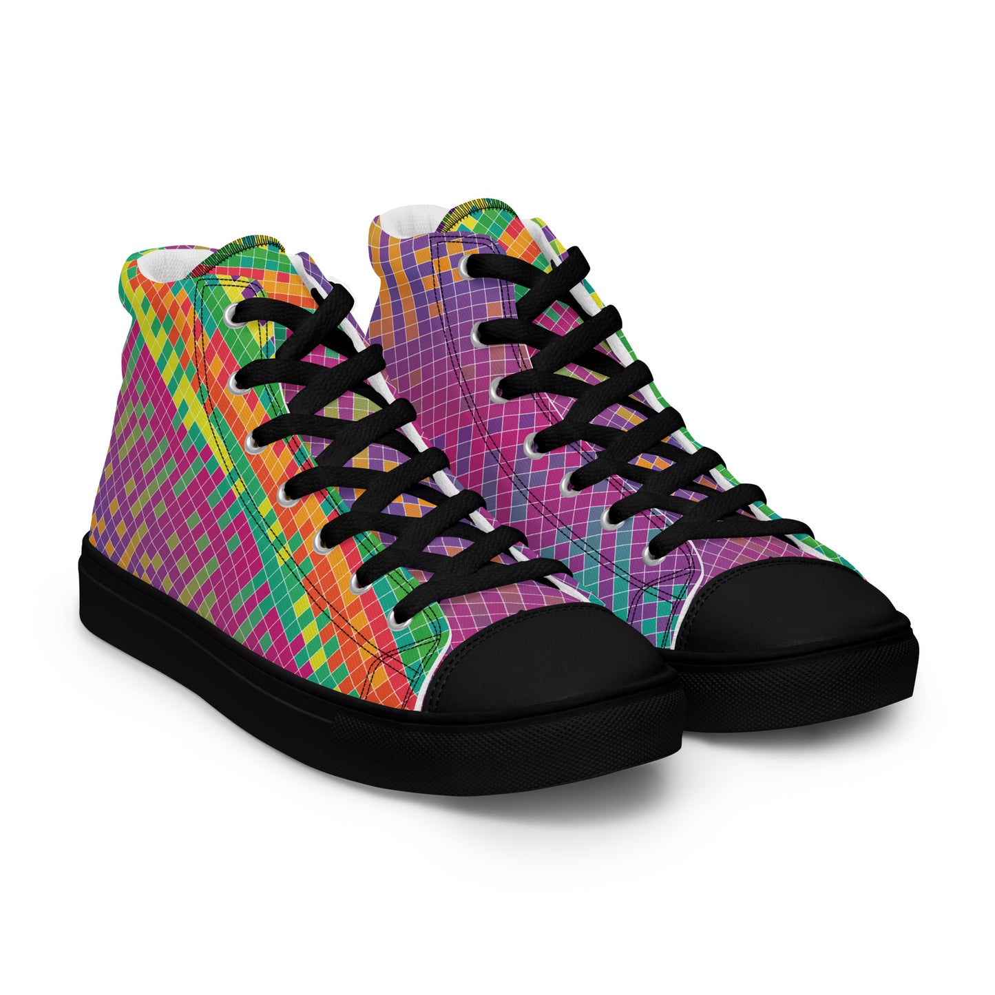 Women’s high-top sneakers with colorful chromatic grid wave pattern, black laces, and black sole